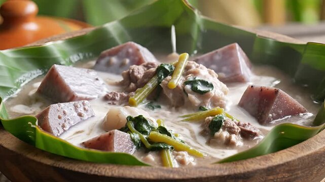 Delicious Filipino Laing dish with taro and coconut milk being poured.