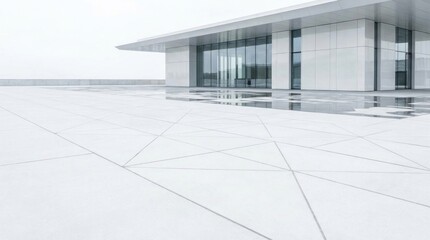 Obraz premium A modern building with a large glass facade reflects onto a white concrete plaza. The building features a flat roof and a minimalist design.
