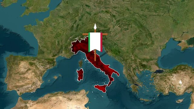 Animated Italian flag emblem overlayed on a detailed satellite map of Europe and Italy