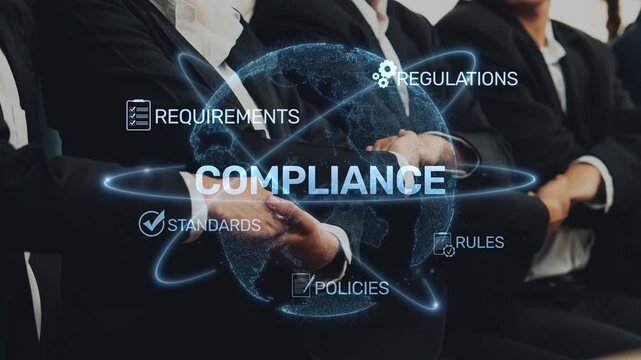 A professional business team engaging in compliance discussions focused on standards and regulations in a modern office setting, emphasizing teamwork and strategy. Raster