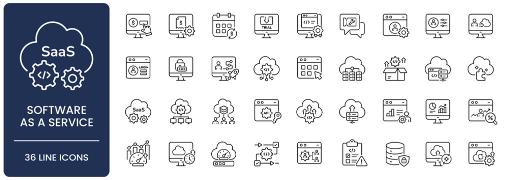 Software as a service SaaS line icon set. Collection of cloud computing, subscription model, digital platform deployment and business automation line icon vector illustration with editable stroke.