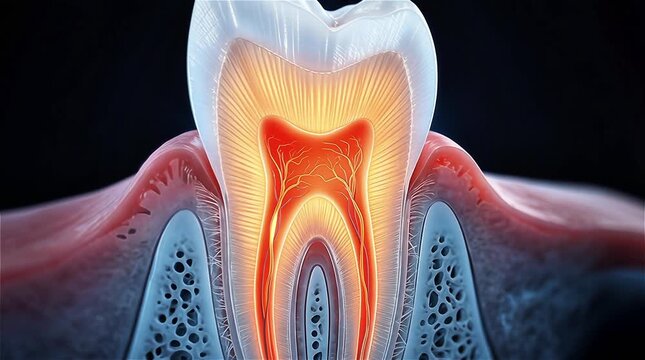 3D Medical Animation of Human Tooth Cross Section Showing Glowing Orange Red Dental Pulp Nerve Root Canal Enamel Dentin Layer Gum Tissue and Porous Jawbone Structure on Dark Blue Background