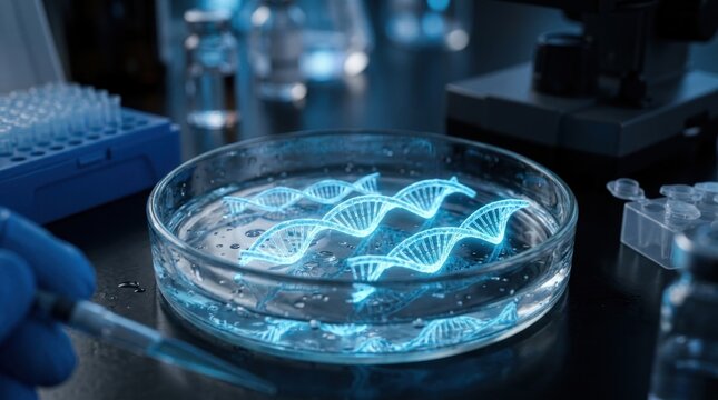 A scientist manipulates a glowing DNA strand within a petri dish in a laboratory setting. The DNA model is illuminated with a bright blue light, highlighting its helical structure.