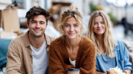 Obraz premium Three friends are seen smiling together outdoors, sharing joyful moments while enjoying coffee, representing friendship and the warmth of human connections.