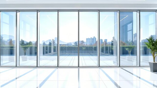 Empty Modern Office Interior with Panoramic City Views, Bright White Space, and Reflective Floor