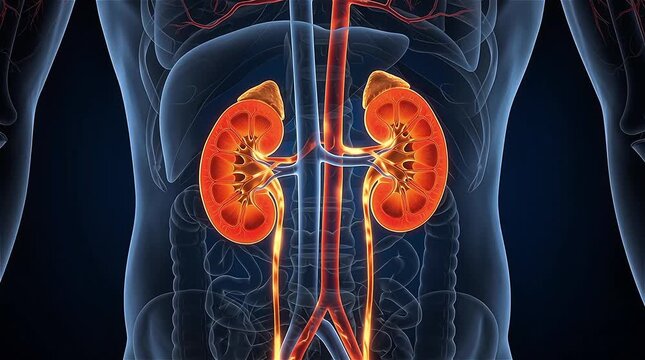 3D Medical Animation of Both Human Kidneys Cross Section with Glowing Red Orange Highlight Showing Renal Cortex Medulla Pelvis Adrenal Glands Ureters and Aorta Inside Transparent X-Ray Style