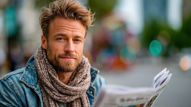 A thoughtful man enjoys reading a newspaper outdoors, framed by a blurred urban background, conveying a sense of reflection and the importance of staying informed in today's fast-paced world.