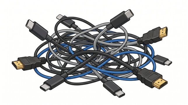 Tangled mess of HDMI and USB cables on white background.