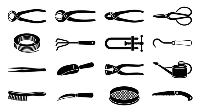 Collection of gardening tools and instruments for home and garden maintenance
