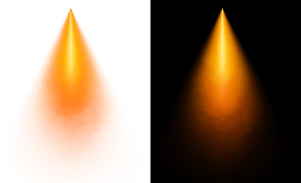 Orange spotlight beam with misty smoke on transparent and black backgrounds isolated vector element for stage lighting design neon warm ray theatrical effect illumination.