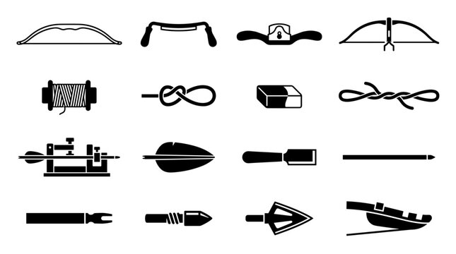 Collection of archery and woodworking tools and equipment icons