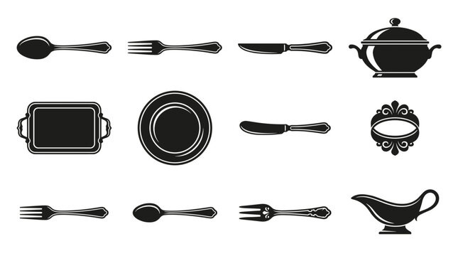 Collection of vintage cutlery and tableware icons in black and white silhouette style