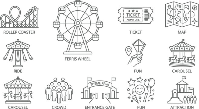 Amusement Park Outline Icons Set: Roller Coaster, Ferris Wheel, Ticket, Map, Carousel, Fun