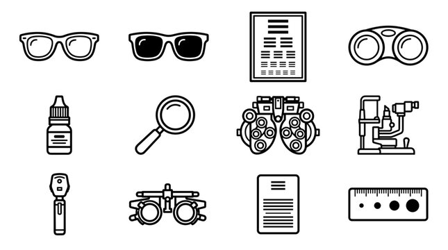 Ophthalmology and Optometry Icons Set Eye Care Medical Equipment and Vision Test Symbols