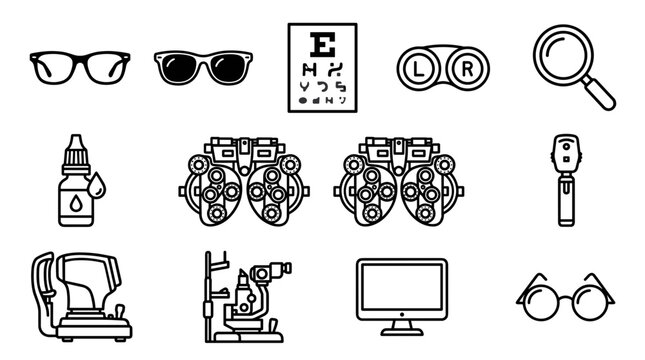 Ophthalmology and Optometry Equipment Icons Set Eye Care Medical Instruments Collection