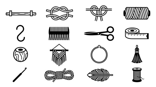 Set of icons for macrame and crafting with rope and thread