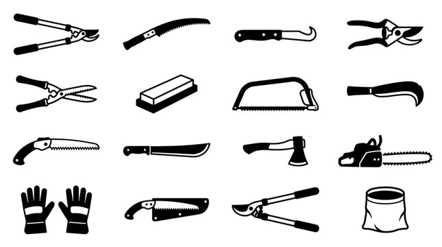 Collection of gardening and cutting tools including saws shears knives axe and chainsaw