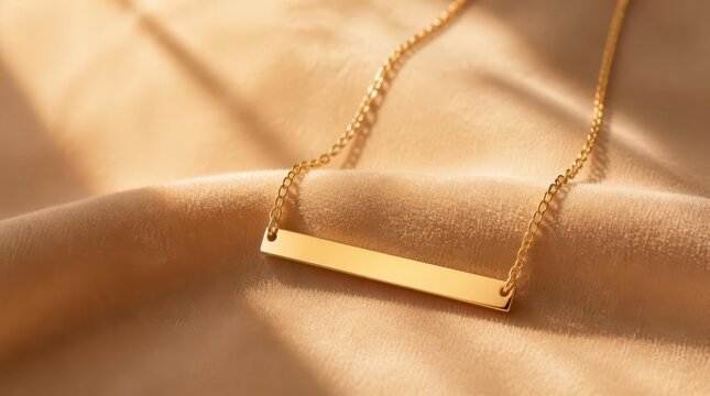 Minimalist gold bar necklace rests on soft draped satin fabric, illuminated by warm cinematic golden light in a sophisticated and elegant jewelry presentation for high end lifestyle branding imagery.