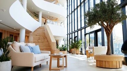 Fototapeta premium This modern image showcases a stylish interior space complemented by greenery, evoking a sense of comfort, sophistication, and contemporary design aesthetics.