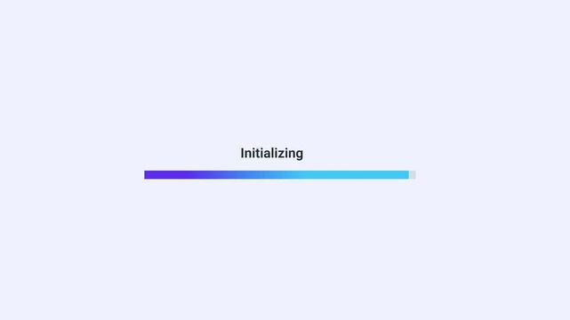 Animated initializing progress bar with gradient loading indicator and startup status text. Clean flat motion graphic for system startup, software initialization, processing workflows, and digital tec