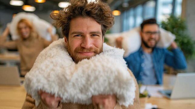 A cheerful young man in a casual setting joyfully lifts fluffy pillows, embodying fun and teamwork, with playful vibes radiating from the background in an office space.