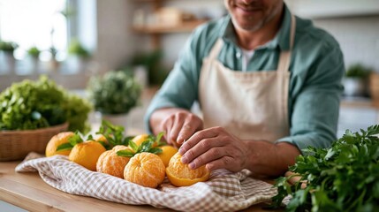 Fototapeta premium A man skillfully cuts fresh oranges in a modern kitchen, showcasing culinary skills between vibrant greens and beautiful natural light, perfect for healthy living.