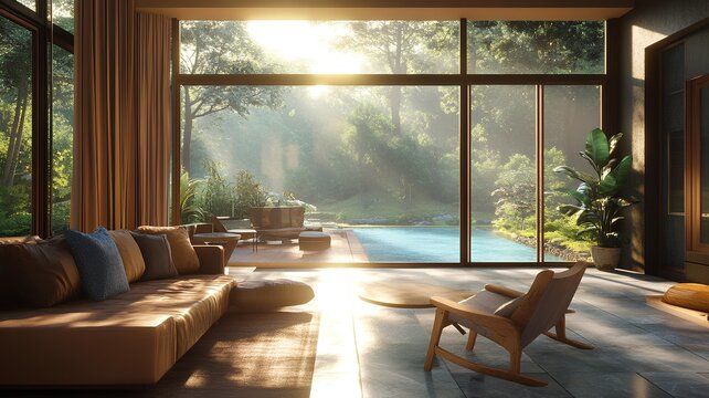 Living room with forest view and The river flows