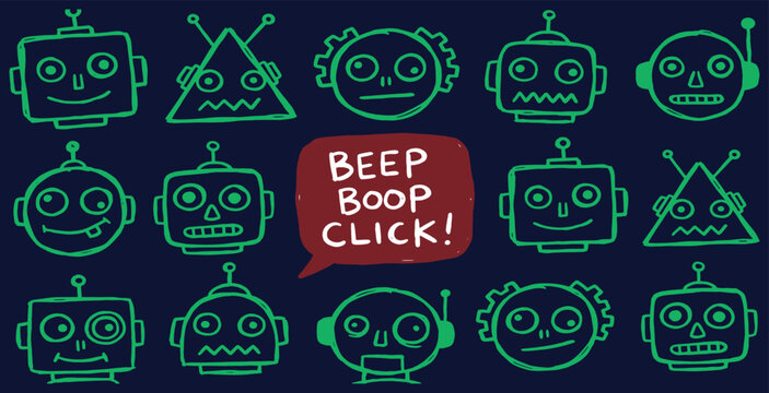 A collection of quirky, hand-drawn robots with different expressions and antennae, set against a dark blue background with a speech bubble saying 'BEEP BOOP CLICK!'.