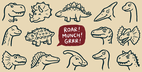 Collection of cute hand-drawn cartoon dinosaurs with speech bubbles saying Roar, Munch, Grrr. © Riki