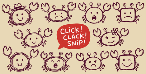 A collection of cute, hand-drawn cartoon crabs displaying various emotions and actions, with a speech bubble. © Riki
