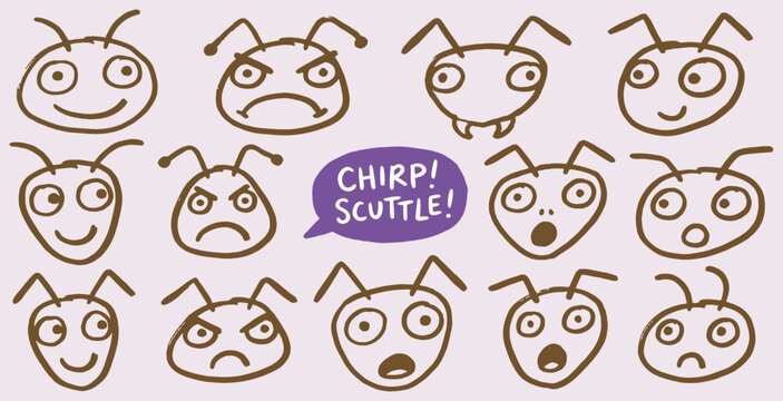 Collection of cartoon ant faces showing various emotions and expressions, with speech bubbles.