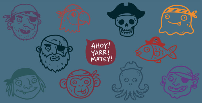 Collection of cartoon pirate characters and sea creatures with a "Ahoy! Yarr! Matey!" speech bubble.