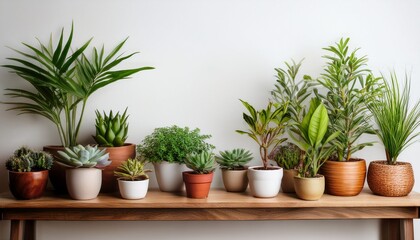 Fototapeta premium variety of potted plants on wooden shelf against white wall