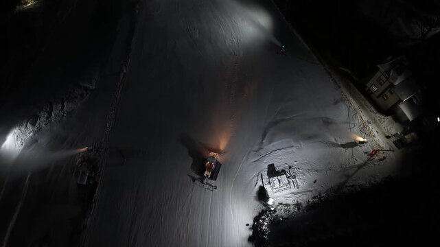 Overview Of Snow Resort And Equipment. Panoramic View Of Mountain Resort And Maintenance Activities