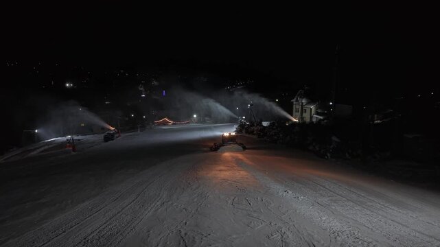 Technical Equipment Operates To Produce Snow And Create Foggy Illumination In Winter Conditions