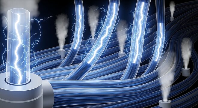 Futuristic energy conduits glowing with blue electricity and emitting steam symbolizing advanced power generation and technological innovation