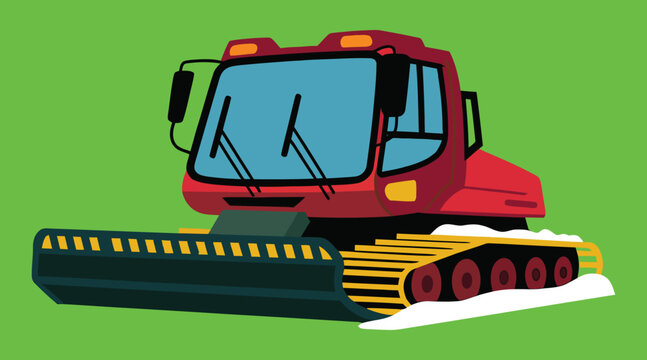 Red snowcat vector illustration, heavy snow groomer vehicle, winter mountain maintenance machinery icon