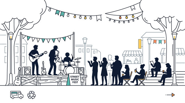 Silhouette illustration of a street music festival performance with a band playing on stage.