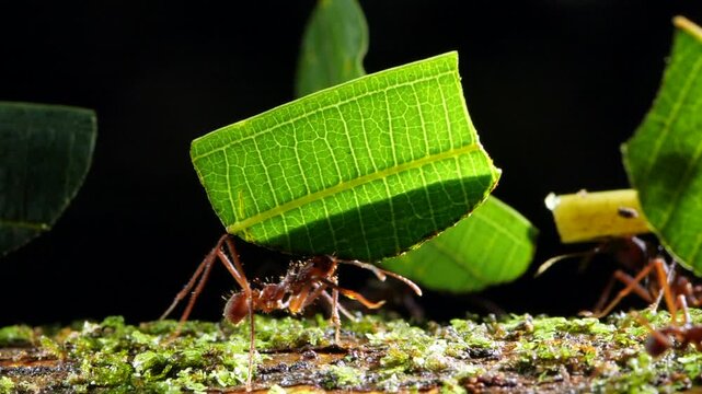Leaf Cutter Ants (Atta sp.) carrying a leaf along a branch in slow motion. In the Ecuadorian Amazon, Yasuni National Park, Orellana province.