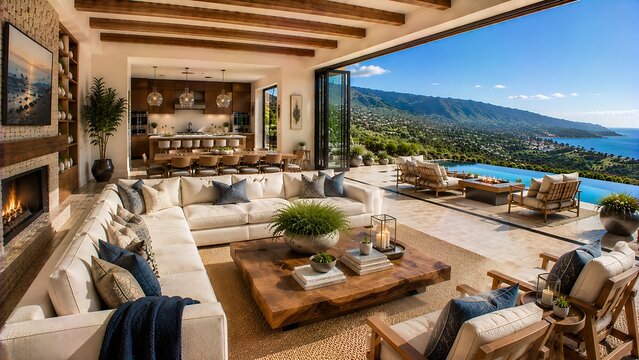 Luxury Resort Hotel Lounge and Outdoor Restaurant with Pool and Sea View