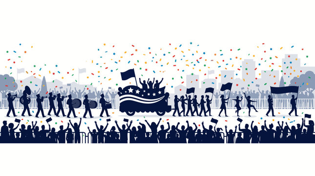 Silhouette of a Festive Parade with Marching Band and Crowds.