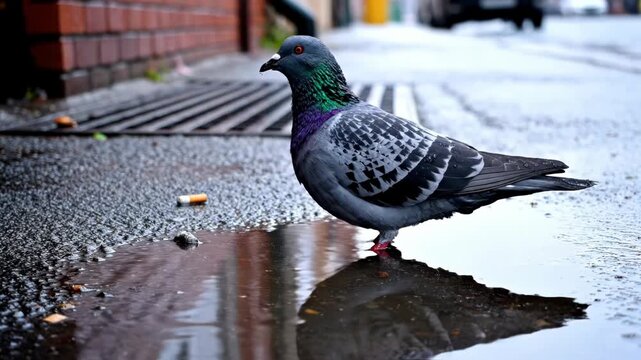 Rock pigeon with iridescent neck feathers walking near a shallow water puddle on a wet asphalt urban street with a reflection after rainfall, next to a metal drainage grate.