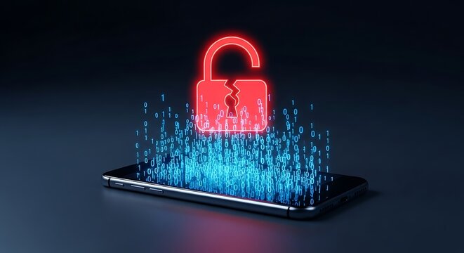 Smartphone with a broken digital padlock and binary code data stream