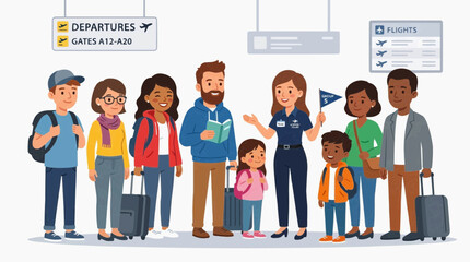 Obraz premium A diverse group of people, including families and individuals, standing at an airport departure gate with luggage. They appear ready for their journey, with staff members assisting them.