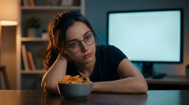 Exhausted young woman with glasses sitting at a desk with a bowl of chips and a glowing computer monitor in a dark room looking tired and bored