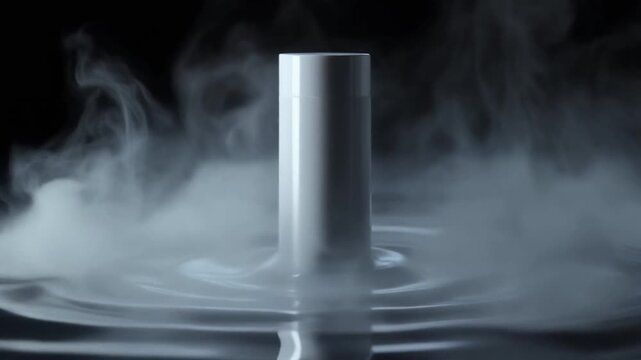 Sleek cosmetic bottle emerging from dark liquid smoke waves
