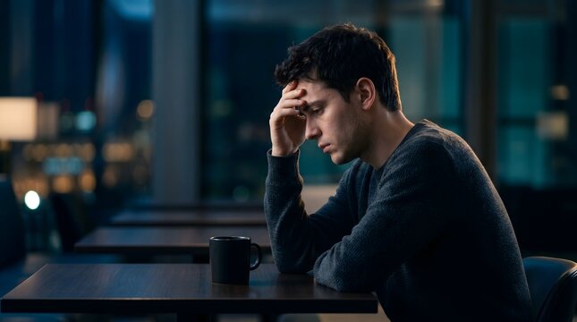 Young stressed man sitting in a dark cafe at night feeling depressed and lonely while holding his head and looking down at a cup of coffee