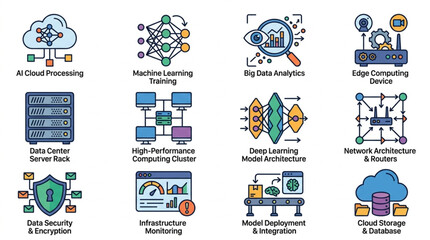 Fototapeta premium Technology Icons Representing Cloud Computing Data Analytics and Networking.