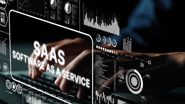 Hands Typing on Keyboard with Digital SaaS Interface Displaying Software as a Service Concept in Modern Workspace. Asymptotic smart data analytic.
