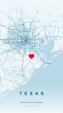 Modern minimalist vector map of Texas state, USA. High-quality scalable illustration of Texas state grid, Houston and Dallas-Fort Worth highway loops, Austin Colorado River axis for posters and design